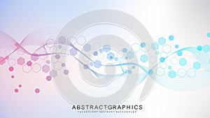 Modern scientific background with hexagons, lines and dots. Wave flow abstract background. Molecular structure for