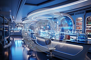 Modern scientific lab, devoid of activity, specializing in biology and applied research