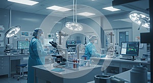 Modern Scientific Laboratory: Researchers in Protective Gear Conducting Experiments