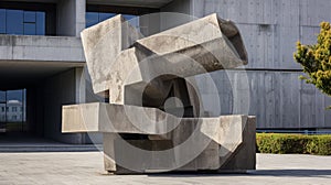 A modern sculpture complementing brutalist surroundings