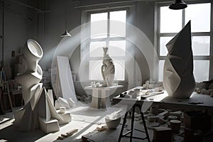 Modern sculpture in the making in a big bright studio. Generative Ai