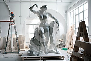 Modern sculpture in the making in a big bright studio. Generative Ai