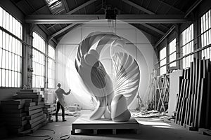 Modern sculpture in the making in a big bright studio. Generative Ai