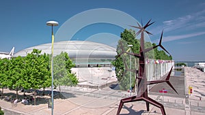 Modern Sculpture and Shopping Centre in Parque das Nacoes, Park of Nations, Lisbon, Portugal timelapse