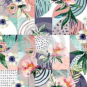 Modern seamless geometric and floral pattern