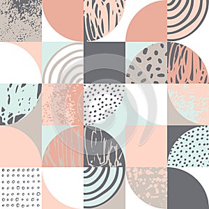 Modern seamless geometric pattern: semicircles, circles, squares, grunge textures, doodles