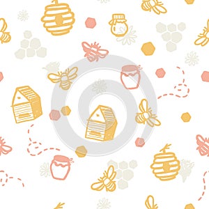 Modern seamless honey bee pattern. Organic farming concept with lettering