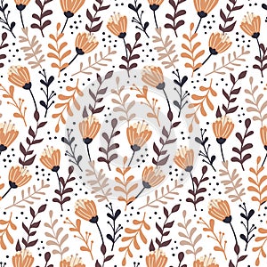 Modern seamless pattern with autumn floral elements. Hand drawn.