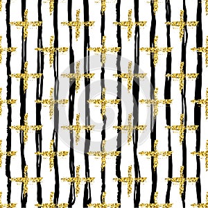 Modern seamless pattern with brush stripes and cross.Black, Gold metallic color on white background. Golden glitter