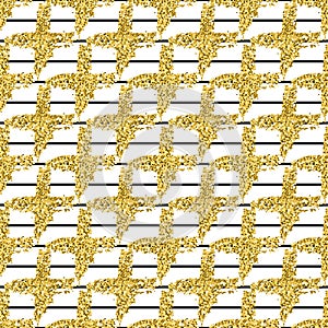 Modern seamless pattern with brush stripes and cross.Black, Gold metallic color on white background. Golden glitter