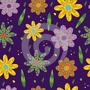 Modern seamless pattern with colorful design elements. Flowers and shapes