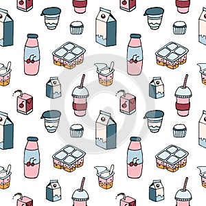 Modern seamless pattern with dairy products drawn on white background - milk, milkshake, berry yogurt, sour cream, curd