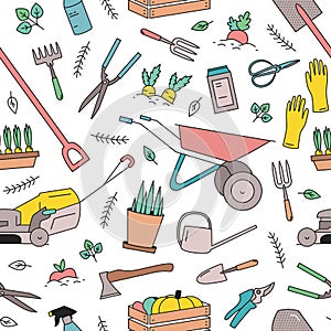 Modern seamless pattern with gardening tools, equipment for plants cultivation and agricultural work on white background