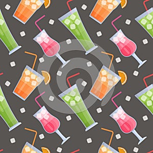 Modern seamless pattern with glasses of bright tasty cocktails. Healthy lifestyle, freshly squeezed juices. Ice cubes. Vector