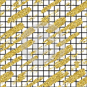 Modern seamless pattern with glitter brush stripes and strokes. Golden, black color on white background. Hand painted