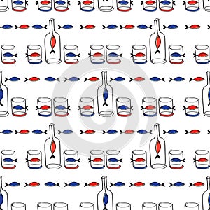 Modern seamless pattern with hand drawn bottles of wine glasses and cute fishes.