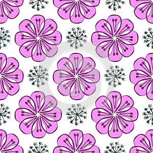 Modern seamless pattern with leaves, flowers and floral elements. Good for printing. Vector wallpaper
