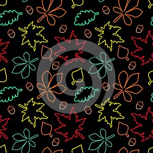 Modern seamless pattern with neon autumn leaves, drawn colorful outlines on black background. Vector illustration for