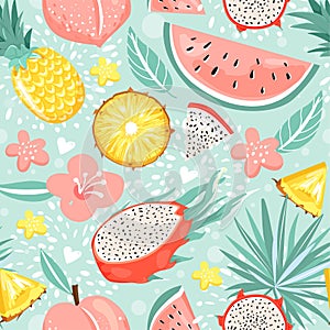 Modern seamless pattern with pineapple, dragon fruit, watermelon, peach, flowers, leaves and heart. Summer vibes.