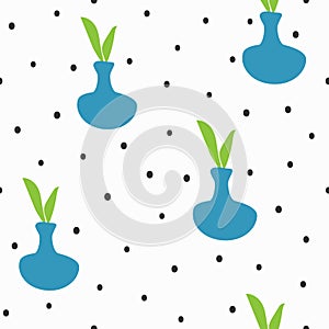 Modern seamless pattern with round spots and a plant in a jug.