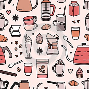 Modern seamless pattern with tools and utensils for coffee making or brewing, tasty desserts, spices. Coffeehouse photo