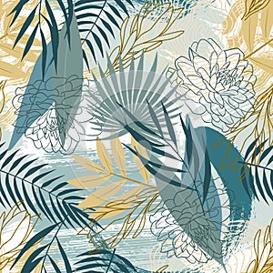 Modern seamless pattern with tropical plant leaves. Abstract design.