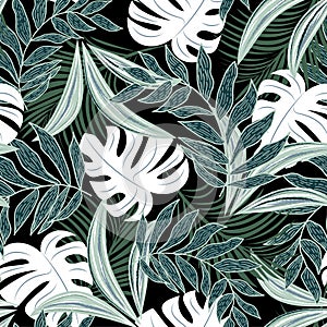 Modern seamless pattern with tropical plants. Fashionable texture design, textile, fabric, printing. Original plants. Tropical lea