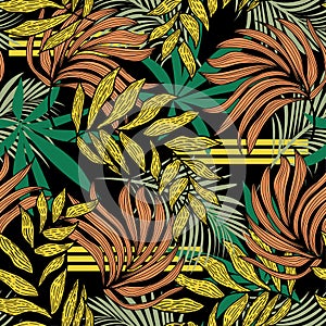 Modern seamless pattern with tropical plants. Fashionable texture design, textile, fabric, printing. Original plants. Tropical lea