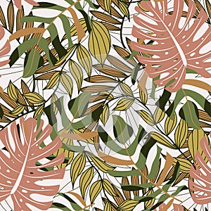 Modern seamless pattern with tropical plants. Fashionable texture design, textile, fabric, printing. Original plants. Tropical lea