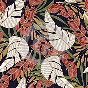 Modern seamless pattern with tropical plants. Fashionable texture design, textile, fabric, printing. Original plants. Tropical lea