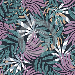 Modern seamless pattern with tropical plants. Fashionable texture design, textile, fabric, printing. Original plants. Tropical lea