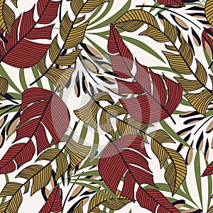 Modern seamless pattern with tropical plants. Fashionable texture design, textile, fabric, printing. Original plants. Tropical lea