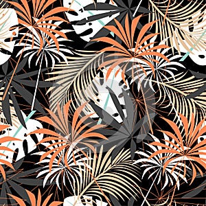 Modern seamless pattern with tropical plants. Fashionable texture design, textile, fabric, printing. Original plants. Tropical lea