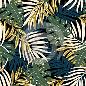 Modern seamless pattern with tropical plants. Fashionable texture design, textile, fabric, printing. Original plants. Tropical lea
