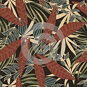 Modern seamless pattern with tropical plants. Fashionable texture design, textile, fabric, printing. Original plants. Tropical lea