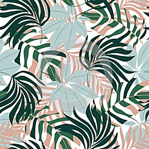 Modern seamless pattern with tropical plants. Fashionable texture design, textile, fabric, printing. Original plants. Tropical lea