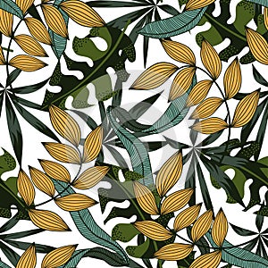 Modern seamless pattern with tropical plants. Fashionable texture design, textile, fabric, printing. Original plants. Tropical lea