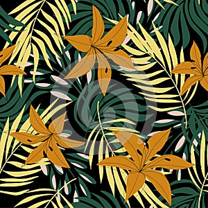 Modern seamless pattern with tropical plants. Fashionable texture design, textile, fabric, printing. Original plants. Tropical lea