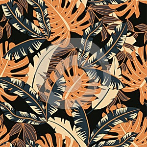 Modern seamless pattern with tropical plants. Fashionable texture design, textile, fabric, printing. Original plants. Tropical lea