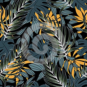 Modern seamless pattern with tropical plants. Fashionable texture design, textile, fabric, printing. Original plants. Tropical lea