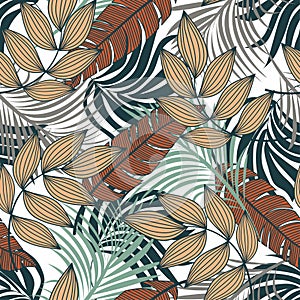 Modern seamless pattern with tropical plants. Fashionable texture design, textile, fabric, printing. Original plants. Tropical lea