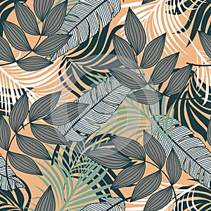 Modern seamless pattern with tropical plants. Fashionable texture design, textile, fabric, printing. Original plants. Tropical lea