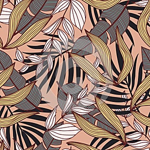 Modern seamless pattern with tropical plants. Fashionable texture design, textile, fabric, printing. Original plants. Tropical lea