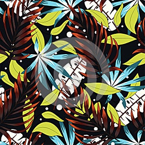 Modern seamless pattern with tropical plants. Fashionable texture design, textile, fabric, printing. Original plants. Tropical lea