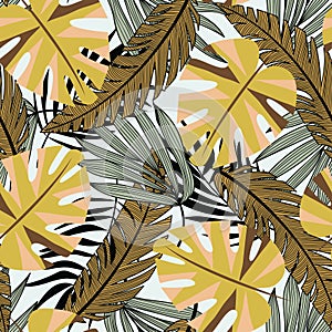 Modern seamless pattern with tropical plants. Fashionable texture design, textile, fabric, printing. Original plants. Tropical lea