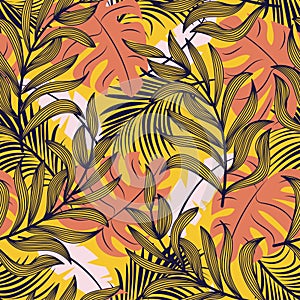 Modern seamless pattern with tropical plants. Fashionable texture design, textile, fabric, printing. Original plants. Tropical lea