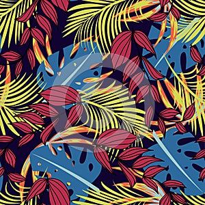 Modern seamless pattern with tropical plants. Fashionable texture design, textile, fabric, printing. Original plants. Tropical lea