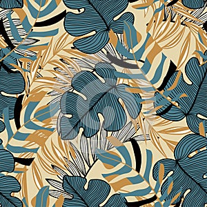 Modern seamless pattern with tropical plants. Fashionable texture design, textile, fabric, printing. Original plants. Tropical lea