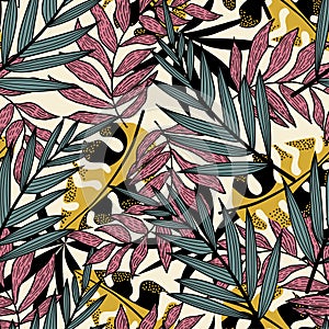 Modern seamless pattern with tropical plants. Fashionable texture design, textile, fabric, printing. Original plants. Tropical lea