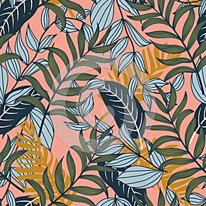 Modern seamless pattern with tropical plants. Fashionable texture design, textile, fabric, printing. Original plants. Tropical lea